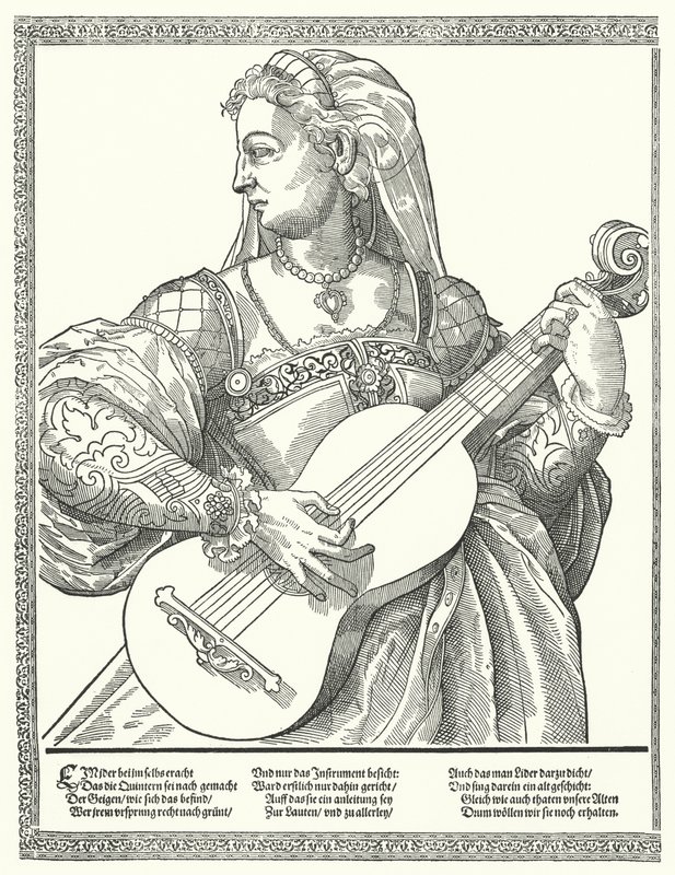 Woman playing a guitar by German School