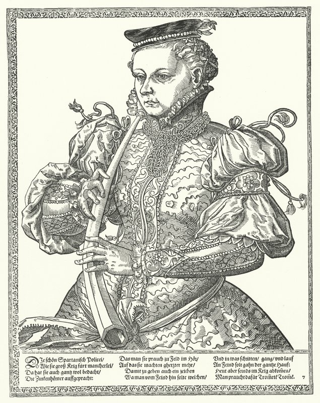 Woman playing a horn by German School