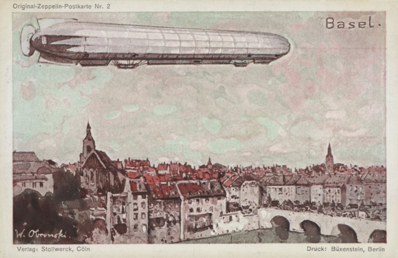 Zeppelin Flying Over Basel by German School