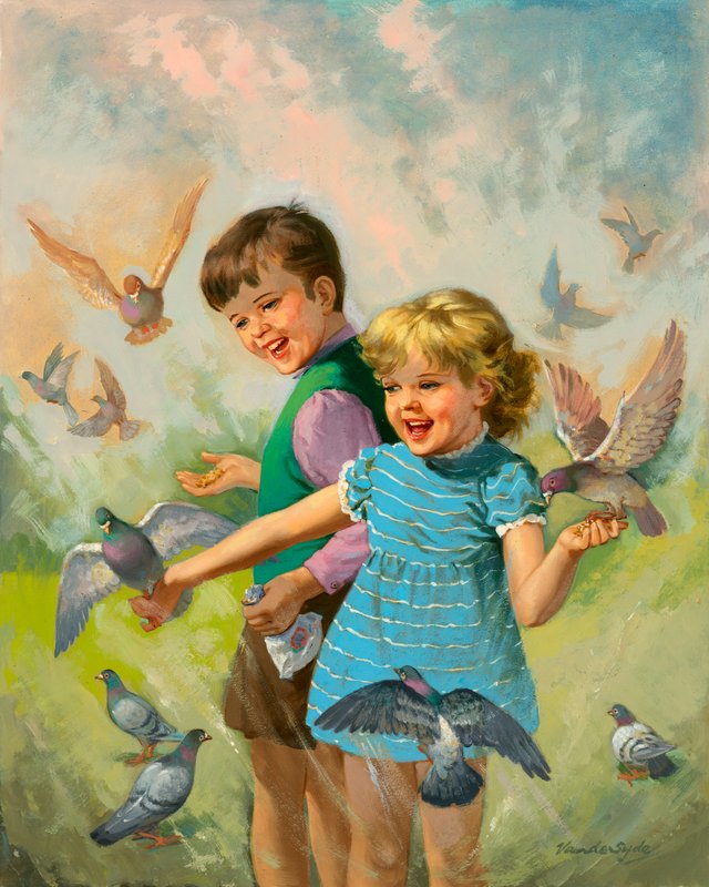 Boy and girl with pigeons by Gerritt Vandersyde