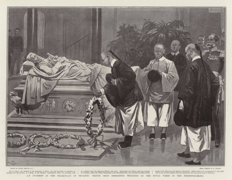 An Incident in the Pilgrimage of Penance; Prince Chun depositing wreaths on the Royal Tombs in the Friedenskirche by Gordon Frederick Browne