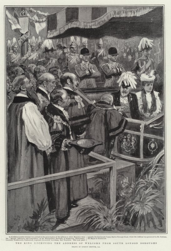 The King receiving the Address of Welcome from South London Boroughs by Gordon Frederick Browne
