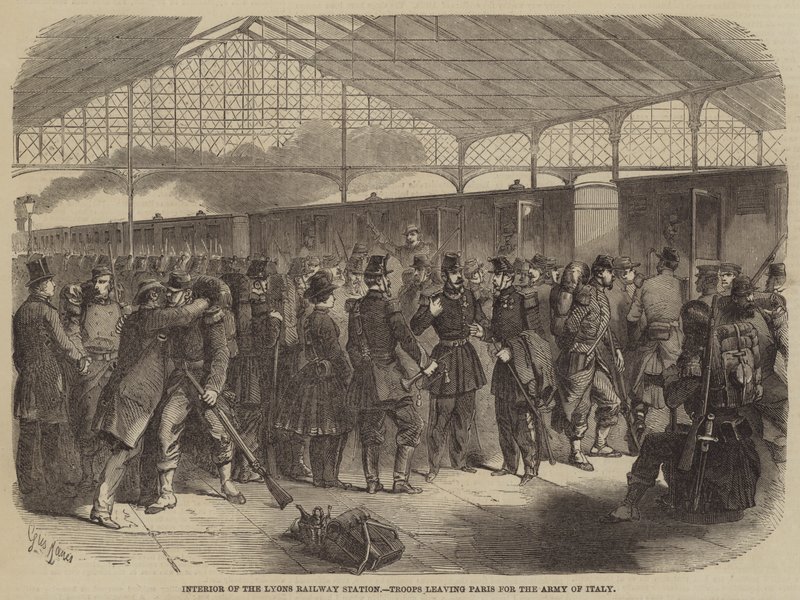 Interior of the Lyons Railway Station, Troops Leaving Paris for the Army of Italy by Gustave Janet