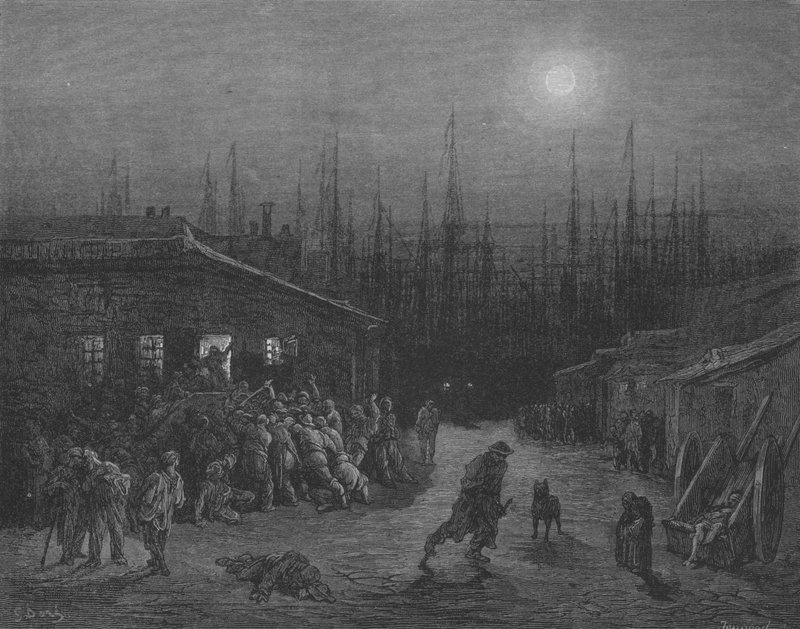 Tumult, Night, in the Docks by Gustave after Dore