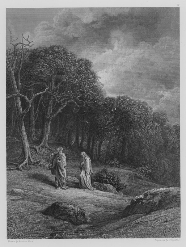 Vivien and Merlin Enter the Woods by Gustave after Dore