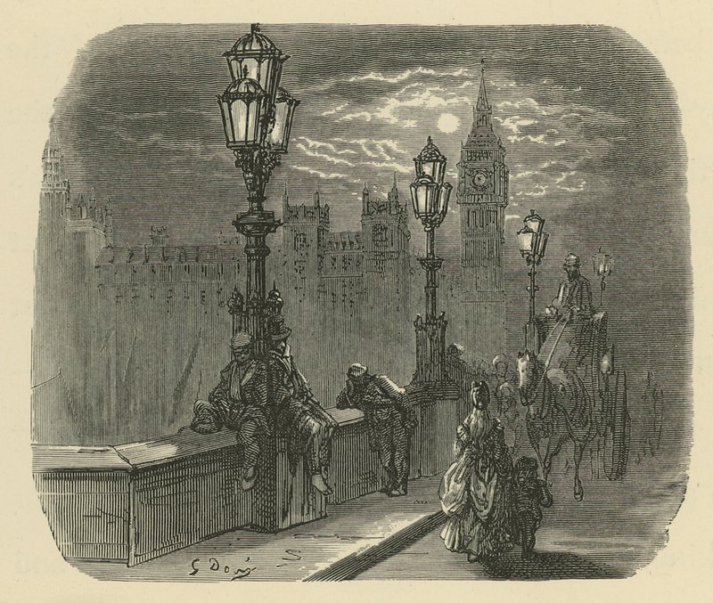 People and carriages on Westminster Bridge by Gustave Dore