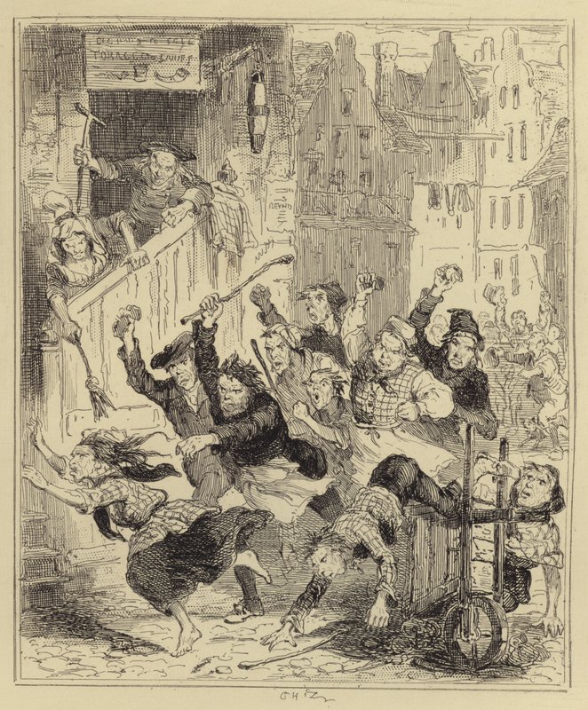 Mob Pursuing Mrs. McDougal by Hablot Knight Browne