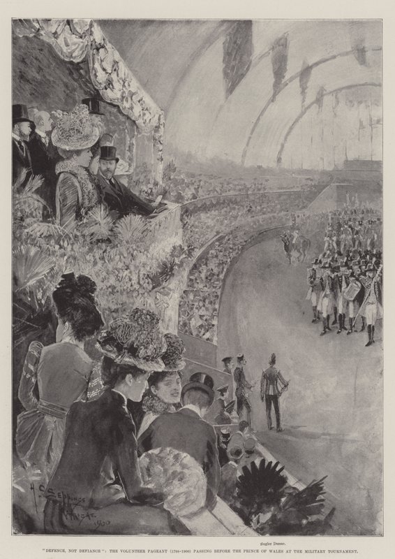 Defence, not Defiance, the Volunteer Pageant passing before the Prince of Wales at the Military Tournament by Henry Charles Seppings Wright