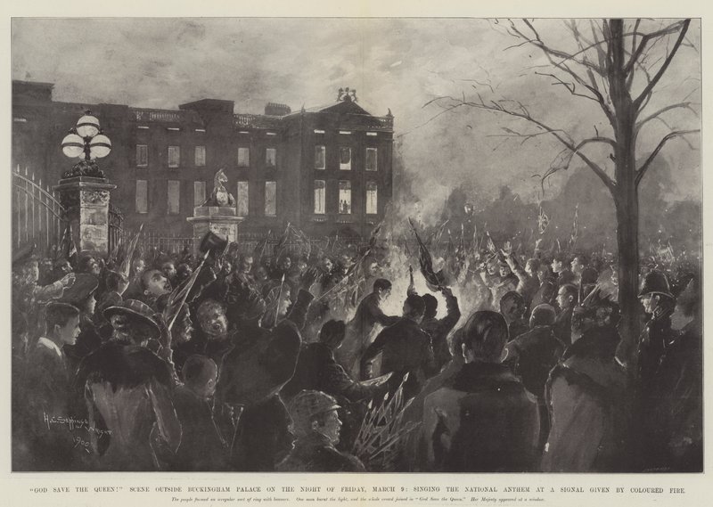 God Save the Queen! Scene Outside Buckingham Palace on the Night of Friday, 9 March, Singing the National Anthem at a Signal Given by Coloured Fire by Henry Charles Seppings Wright