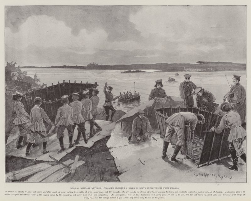 Russian Military Methods, Cossacks crossing a River in Boats extemporised from Wagons by Henry Charles Seppings Wright