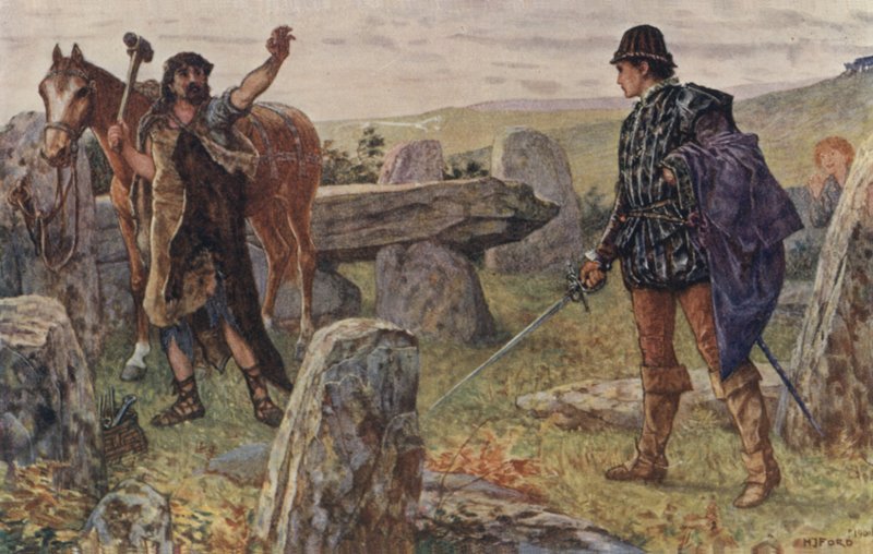 Tressilian started up with his sword in his hand, ran round the thicket, and confronted a man in a farrier