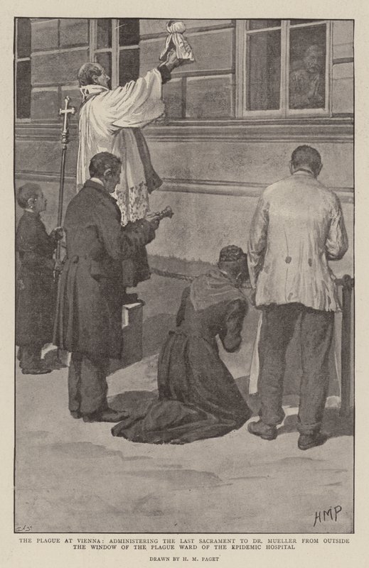 The Plague at Vienna, Administering the Last Sacrament to Dr. Mueller from Outside the Window of the Plague Ward of the Epidemic Hospital by Henry Marriott Paget