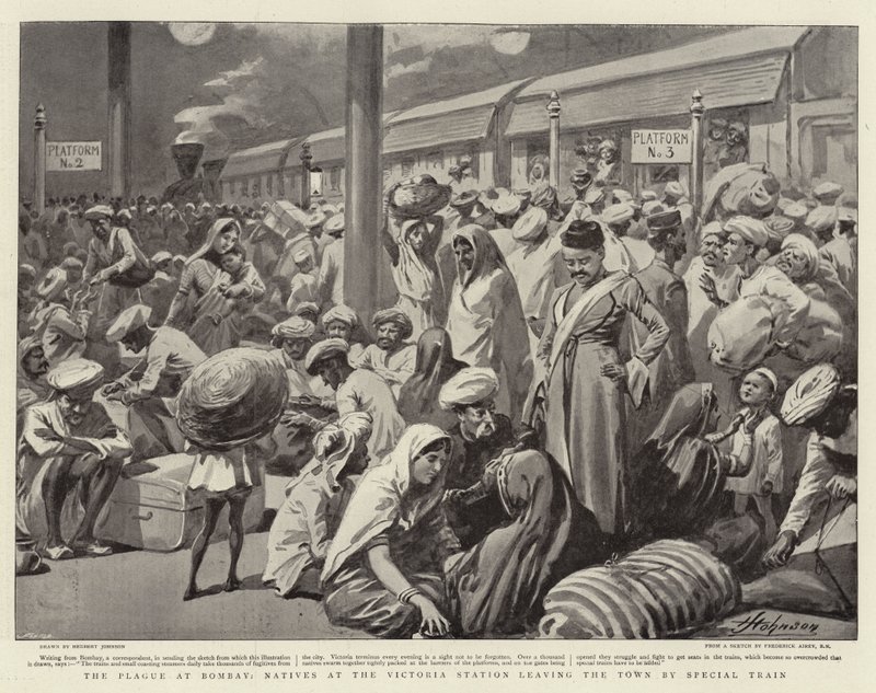 The Plague at Bombay, Natives at the Victoria Station leaving the Town by Special Train by Herbert Johnson
