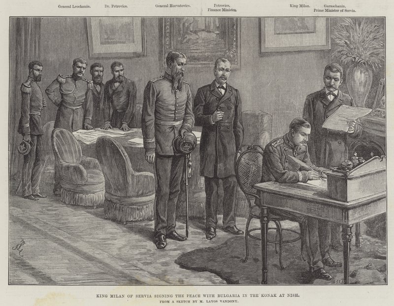 King Milan of Servia Signing the Peace with Bulgaria in the Konak at Nish by Johann Nepomuk Schonberg