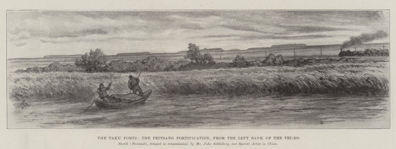 The Taku Forts, the Peitsang Fortification, from the Left Bank of the Pei-ho by Johann Nepomuk Schonberg
