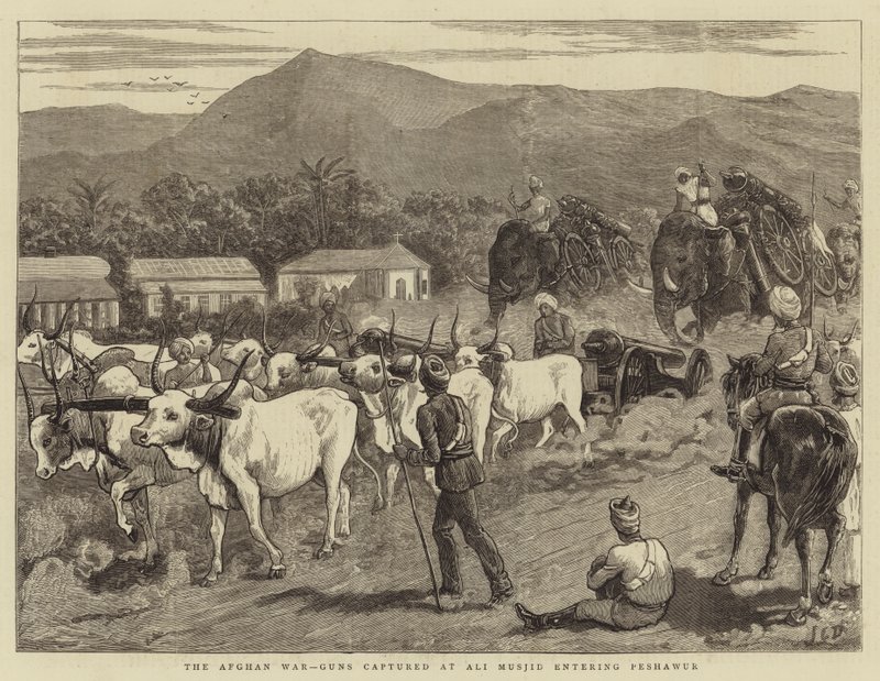 The Afghan War, Guns captured at Ali Musjid entering Peshawur by John Charles Dollman