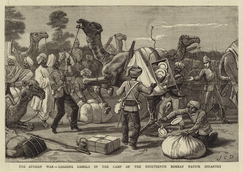 The Afghan War, Loading Camels in the Camp of the Nineteenth Bombay Native Infantry by John Charles Dollman