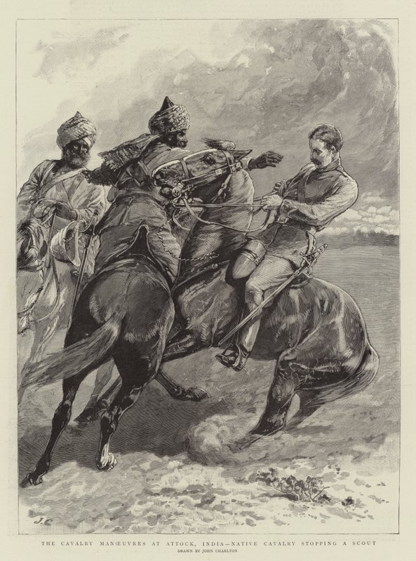 The Cavalry Manoeuvres at Attock, India, Native Cavalry stopping a Scout by John Charlton