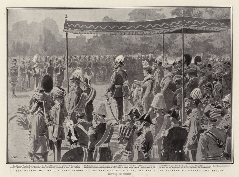 The Parade of the Colonial Troops at Buckingham Palace by the King, His Majesty returning the Salute by John Charlton