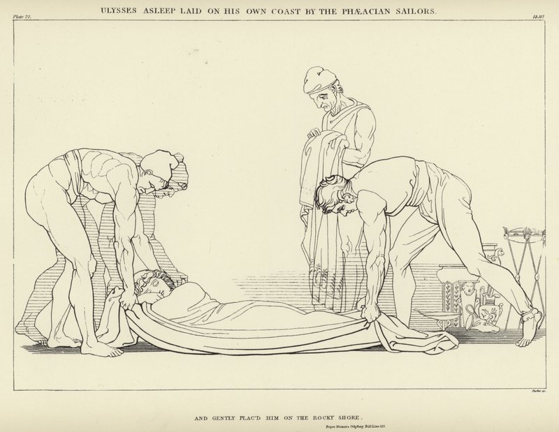 Ulysses Asleep Laid on His Own Coast by the Phaeacian Sailors by John Flaxman