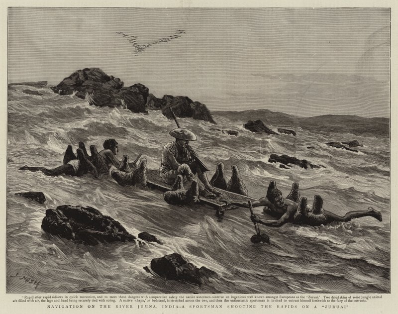 Navigation on the River Jumna, India, a Sportsman shooting the Rapids on a Zuruai by Joseph Nash