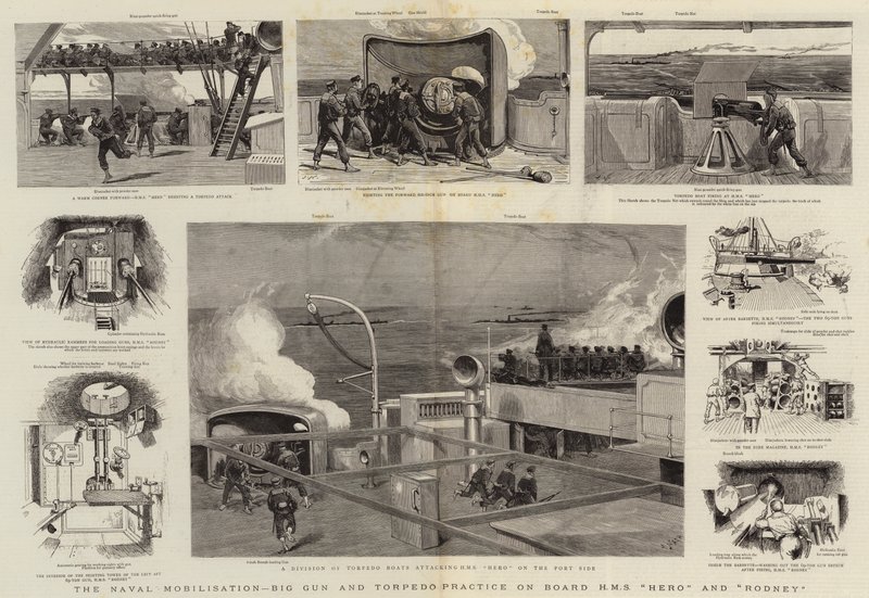 The Naval Mobilisation, Big Gun and Torpedo Practice on Board HMS Hero and Rodney by Joseph Nash