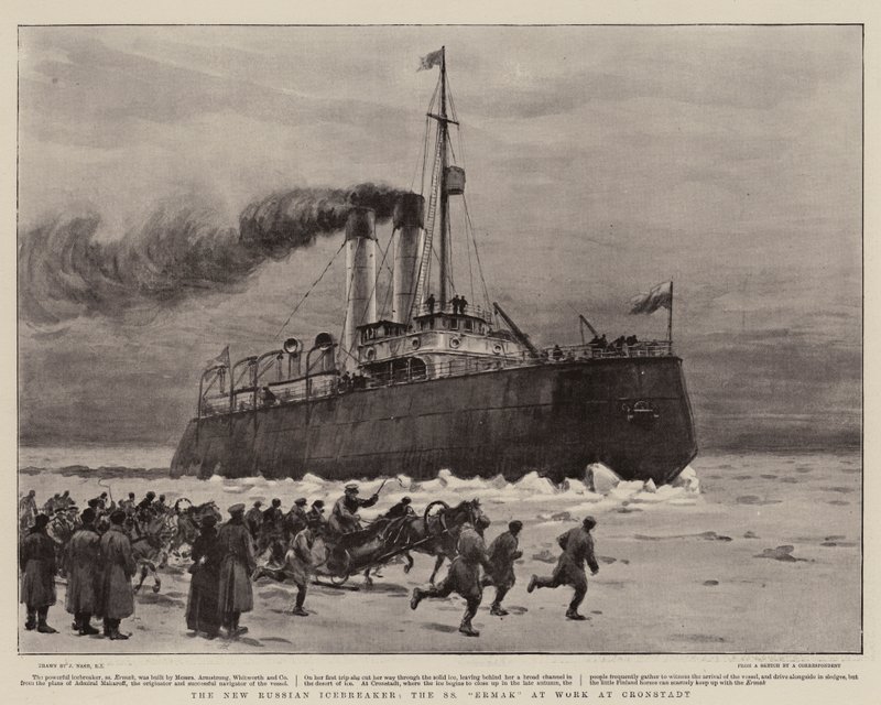 The New Russian Icebreaker, the S S Ermak at Work at Cronstadt by Joseph Nash