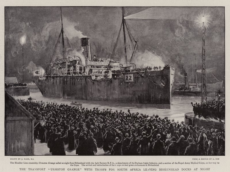 The Transport Urmston Grange with Troops for South Africa leaving Birkenhead Docks at Night by Joseph Nash
