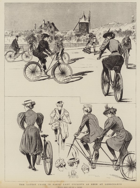 The latest craze in Paris, Lady Cyclists as seen at Longchamps by Louis Vallet