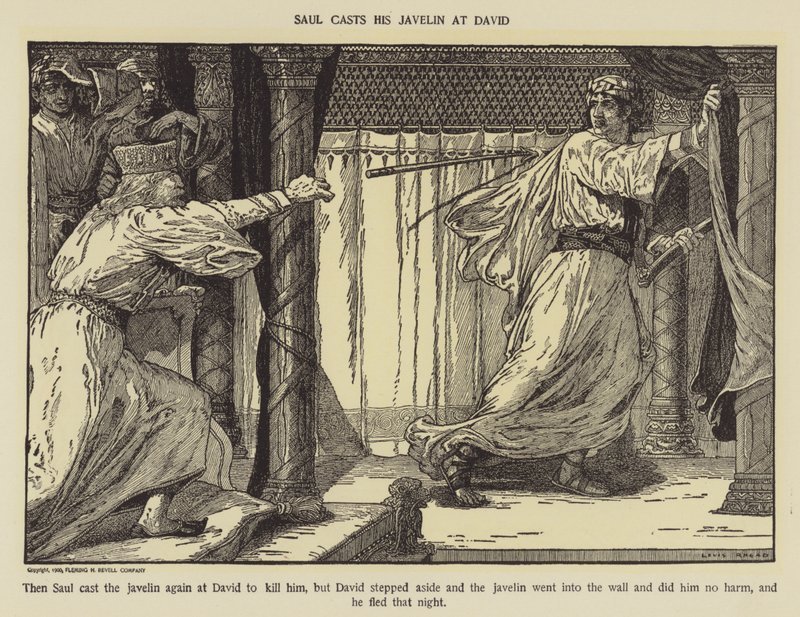 Saul casts his javelin at David by Louis John Rhead