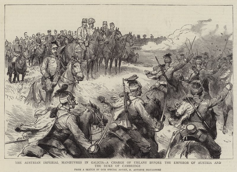 The Austrian Imperial Manoeuvres in Galicia, a Charge of Uhlans Before the Emperor of Austria and the Duke of Cambridge by Maksymiljan Antoni Piotrowski