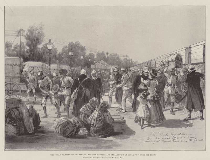 The Indian Frontier Rising, Wounded and Sick Officers and Men arriving at Rawal Pindi from the Front by Melton Prior