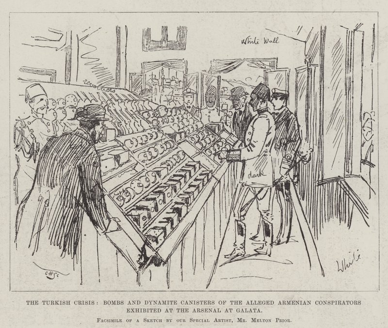 The Turkish Crisis, Bombs and Dynamite Canisters of the Alleged Armenian Conspirators exhibited at the Arsenal at Galata by Melton Prior