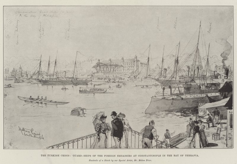 The Turkish Crisis, Guard-Ships of the Foreign Embassies at Constantinople in the Bay of Therapia by Melton Prior