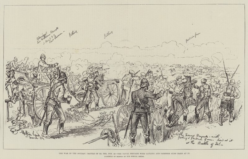 The War in the Soudan, Battle of El Teb, 29 February, the Naval Brigade with Gatling and Gardner Guns hard at it by Melton Prior