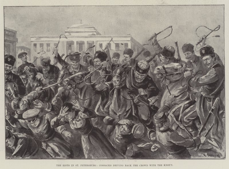 The Riots in St Petersburg, Cossacks driving back the Crowd with the Knout by Paul Frenzeny