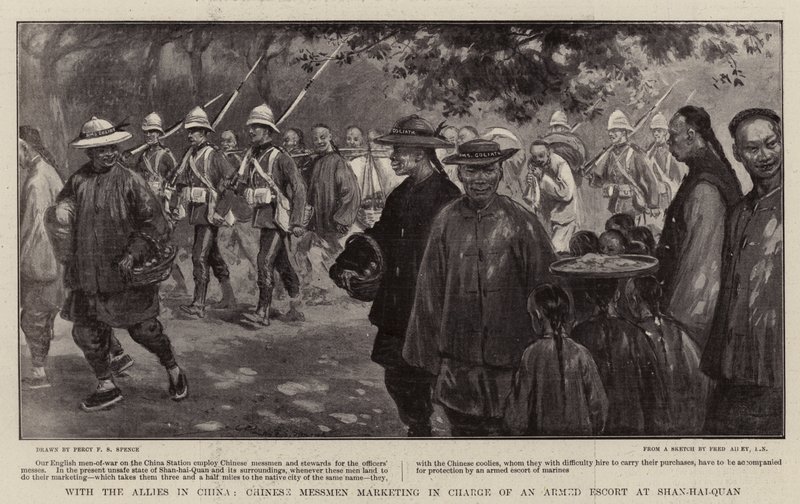 With the Allies in China, Chinese Messmen Marketing in Charge of an Armed Escort at Shan-hai-Quan by Percy F.S. Spence