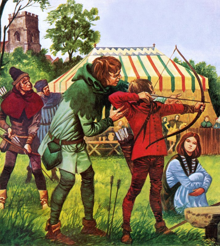 Boy being taught the longbow by Peter Jackson
