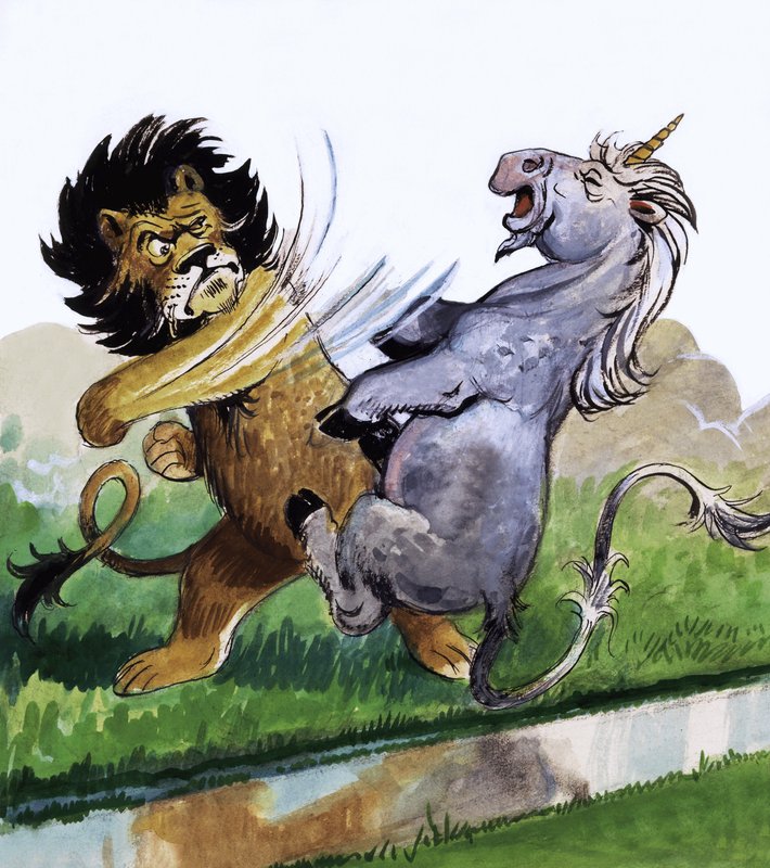 Lion punching unicorn by Philip Mendoza