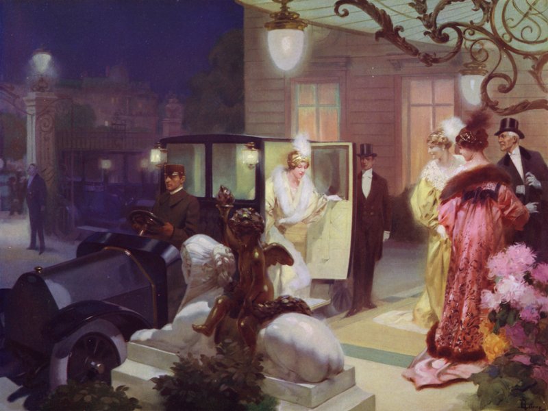 Wealthy Lady Arriving for Dinner by Car by Rene Lelong