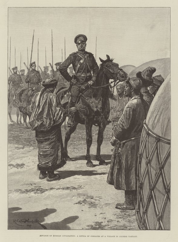 Advance of Russian Civilisation, a Sotnia of Cossacks at a Village in Chinese Tartary by Richard Caton Woodville junior