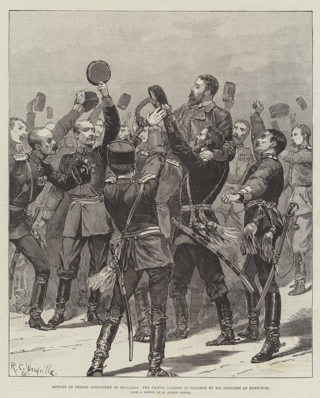 Return of Prince Alexander to Bulgaria, the Prince Carried in Triumph by His Officers at Rustchuk by Richard Caton Woodville junior