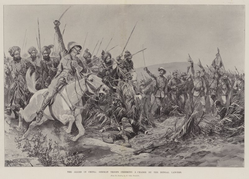 The Allies in China, German Troops cheering a Charge by the Bengal Lancers by Richard Caton Woodville junior
