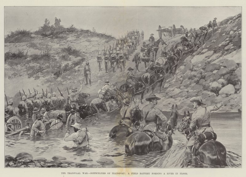 The Transvaal War, Difficulties of Transport, a Field Battery fording a River in Flood by Richard Caton Woodville junior
