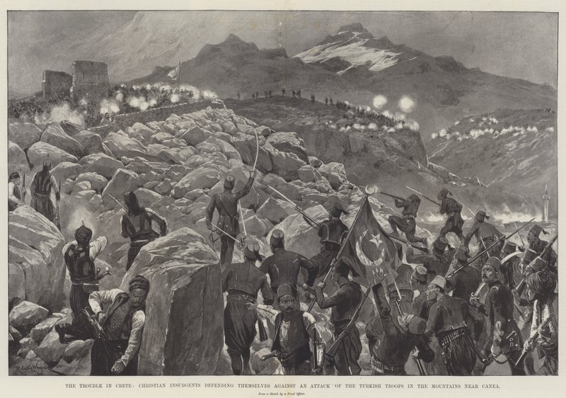 The Trouble in Crete, Christian Insurgents Defending Themselves Against an Attack of the Turkish Troops in the Mountains Near Canea by Richard Caton Woodville junior