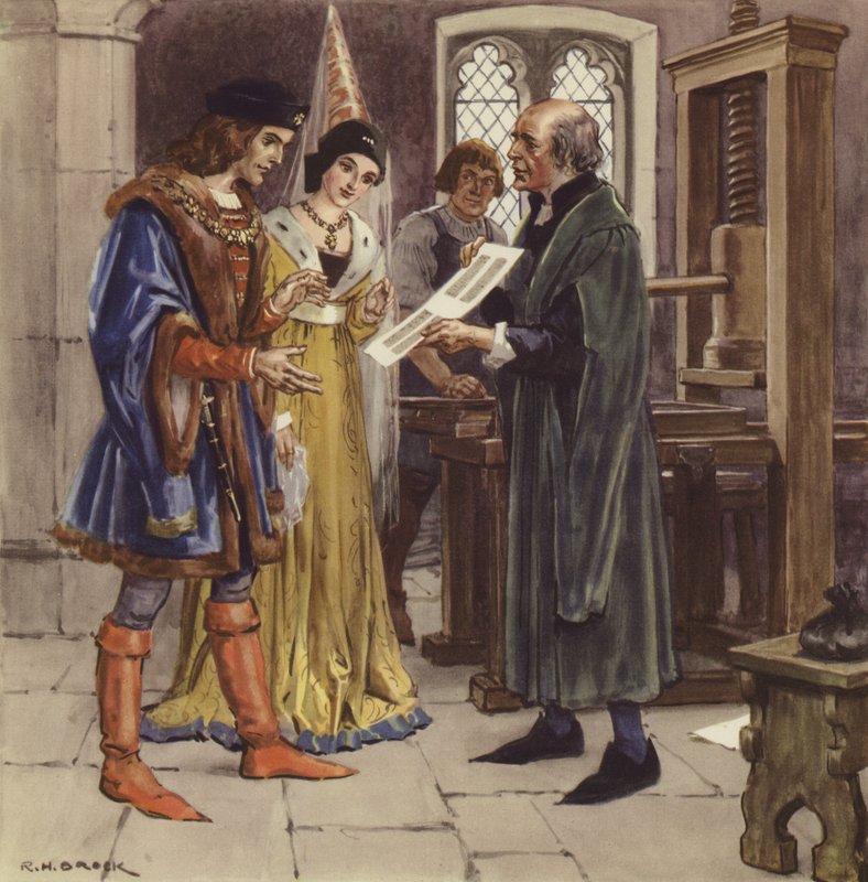 William Caxton showing a printed page to Edward IV and his Queen by Richard Henry Brock