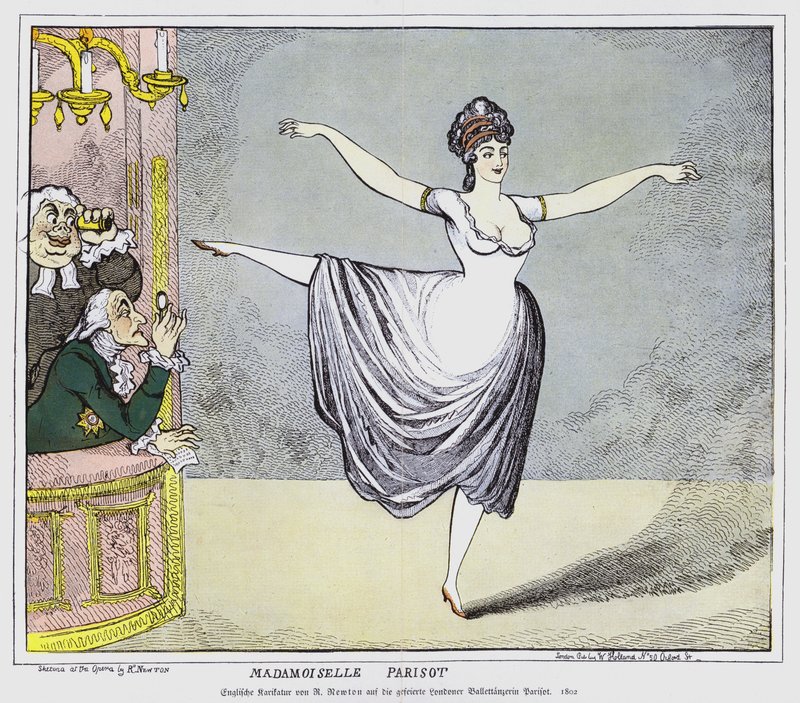English Cartoon Depicting Male Members of the Audience Captivated by a Performance by Controversial French Ballerina Mademoiselle Parisot by Richard Newton