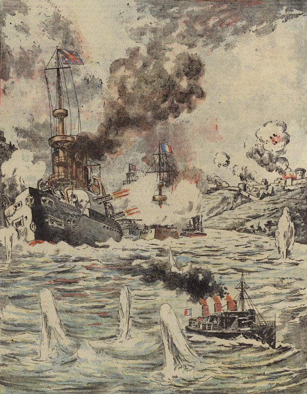 British and French Warships Bombarding Turkish Positions in the Dardanelles, 1915 by Romanian School