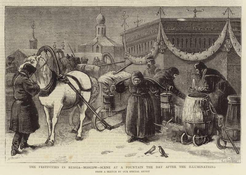 The Festivities in Russia, Moscow, Scene at a Fountain the Day after the Illuminations by Samuel Edmund Waller