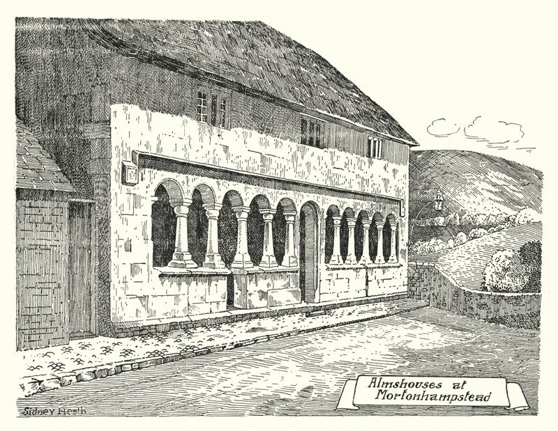 Almshouses at Mortonhampstead (engraving) by Sidney Heath